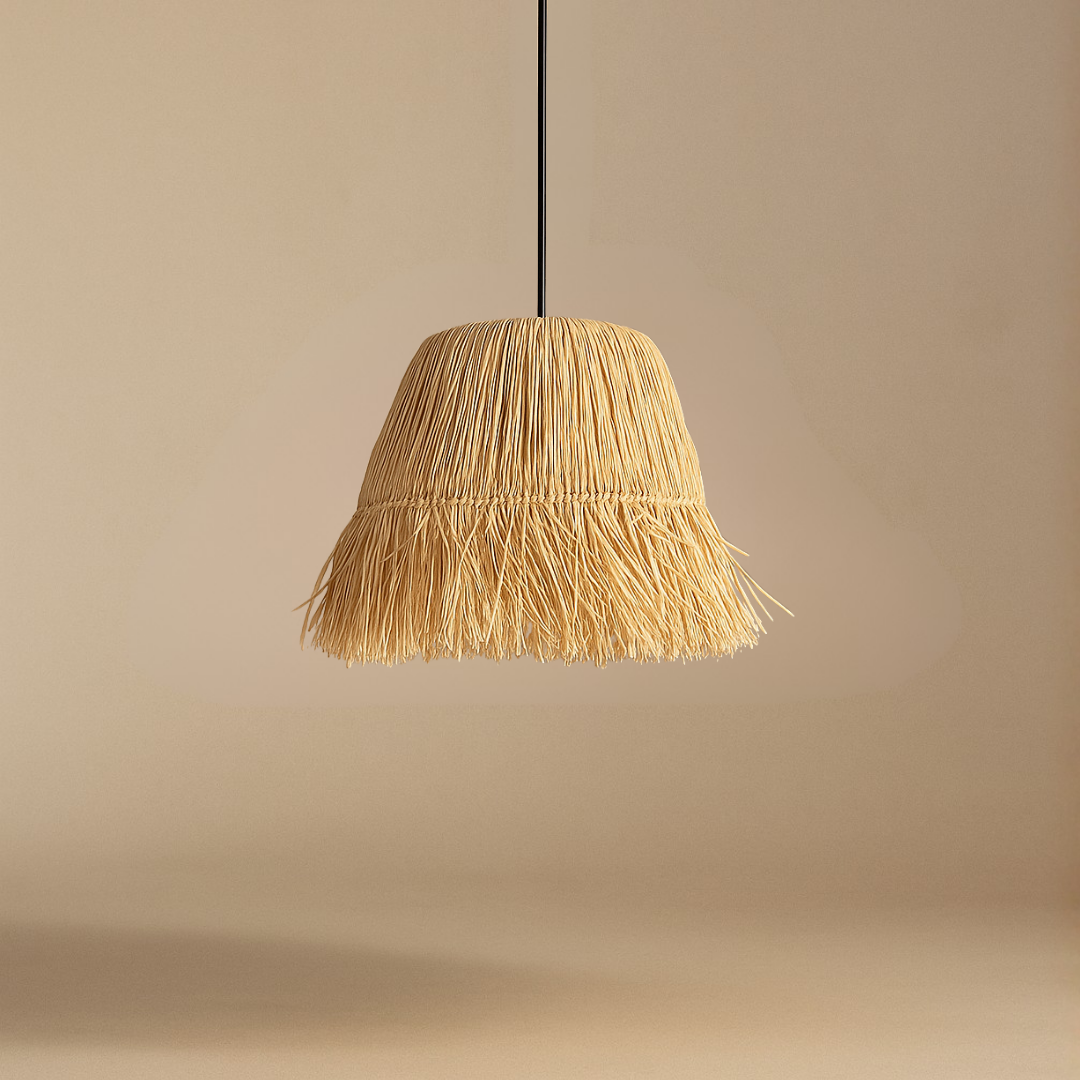 3’lü Saçaklı Rafya Bohem Aydınlatma Seti (2 Abajur + 1 Avize)