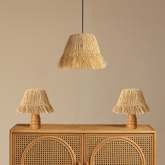 3’lü Saçaklı Rafya Bohem Aydınlatma Seti (2 Abajur + 1 Avize)